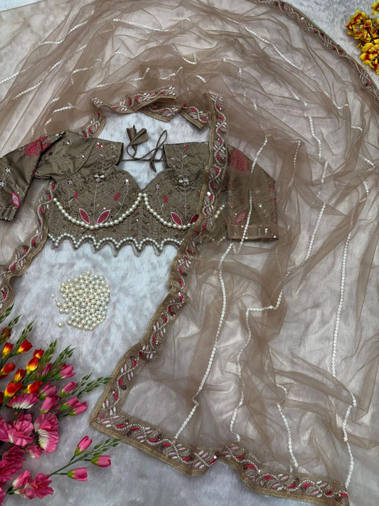 Wedding & Party Wear Hand Diamond Work Beige Color saree