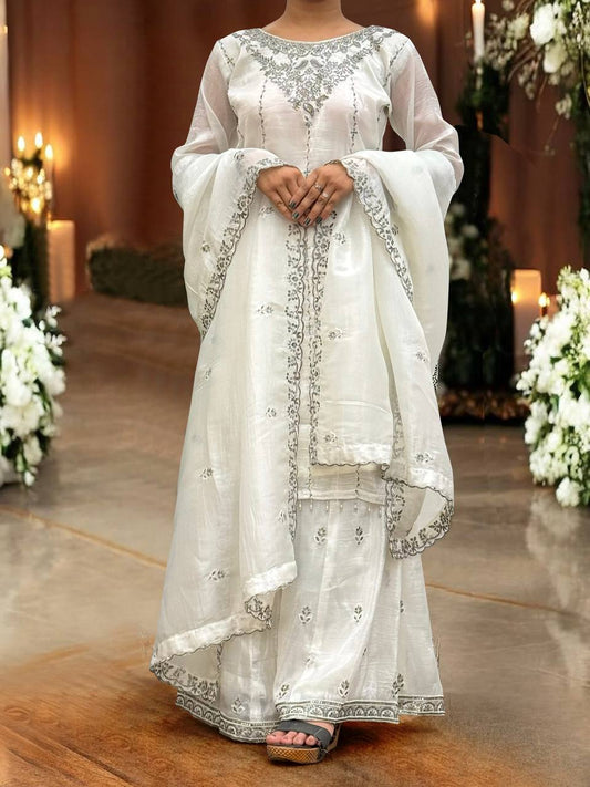 Designer Crush Silk White Color Palazzo Suit