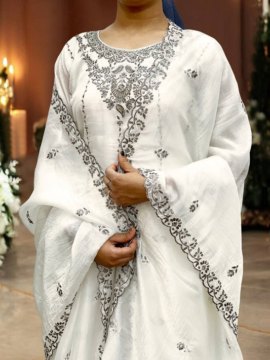 Designer Crush Silk White Color Palazzo Suit