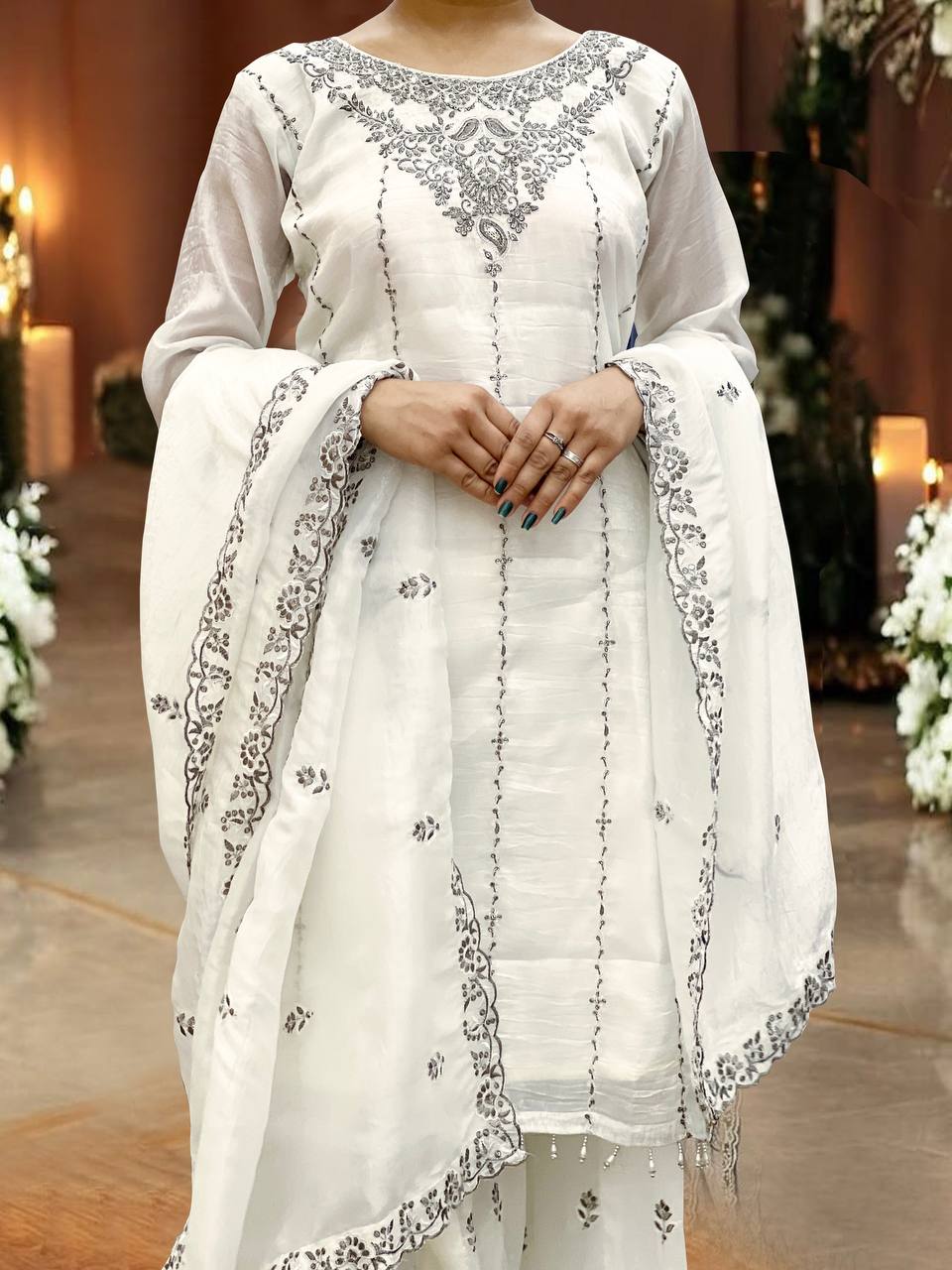 Designer Crush Silk White Color Palazzo Suit