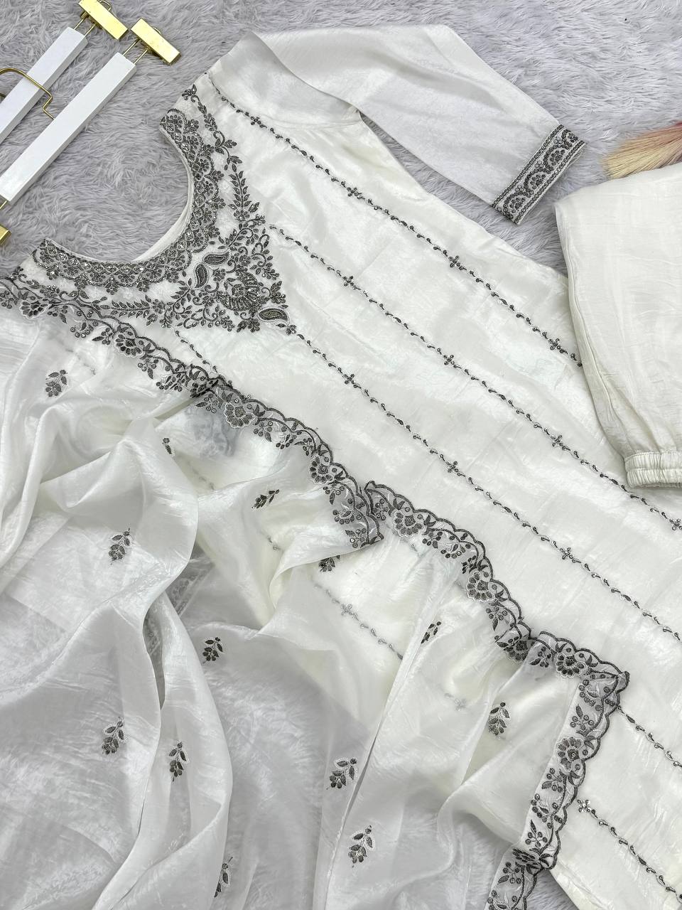 Designer Crush Silk White Color Palazzo Suit