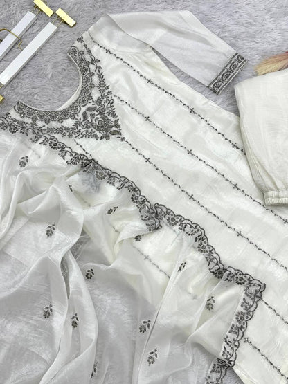 Designer Crush Silk White Color Palazzo Suit