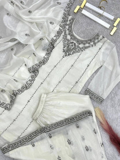 Designer Crush Silk White Color Palazzo Suit