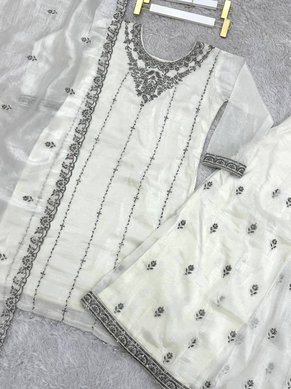 Designer Crush Silk White Color Palazzo Suit