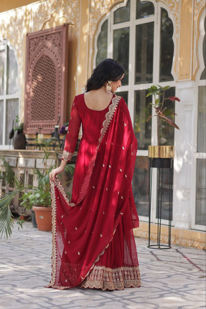 Glossy Zari Sequins Work Red Color Gown