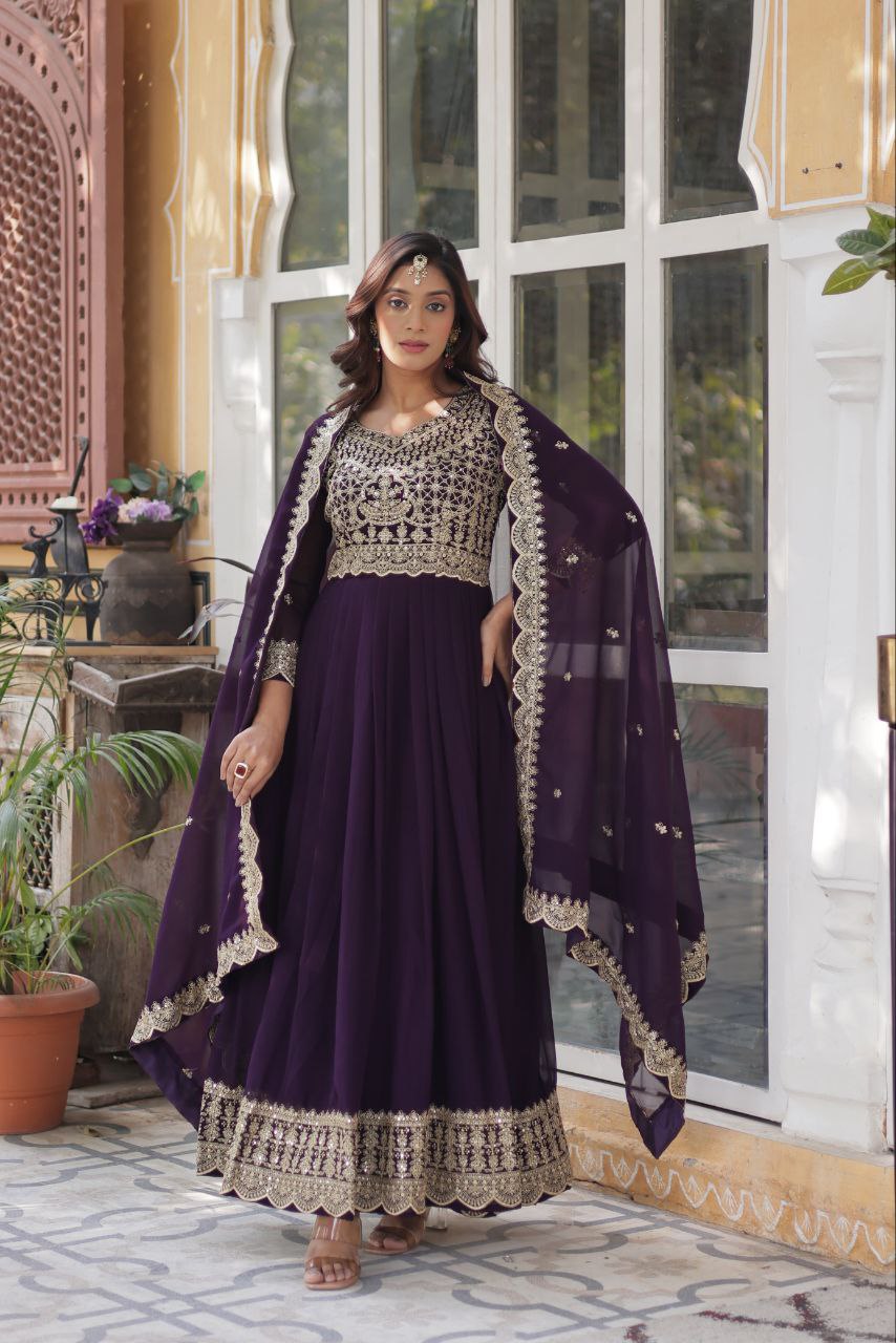 Glossy Zari Sequins Work Purple Color Gown