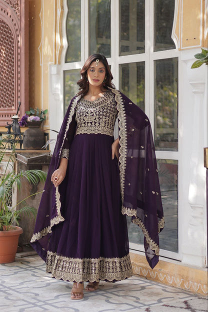 Glossy Zari Sequins Work Purple Color Gown