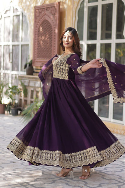 Glossy Zari Sequins Work Purple Color Gown