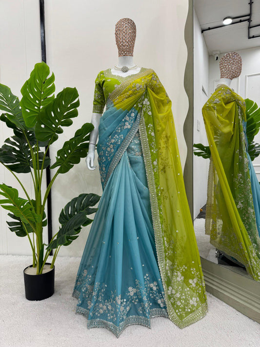 Party  Wear Tibby Silk Sky Blue Color Designer Saree