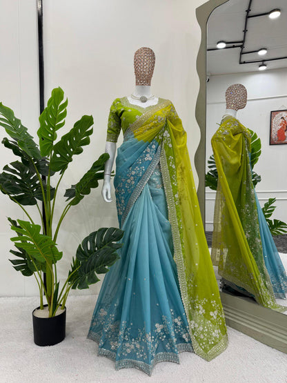 Party  Wear Tibby Silk Sky Blue Color Designer Saree