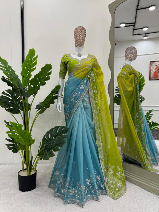 Party  Wear Tibby Silk Sky Blue Color Designer Saree