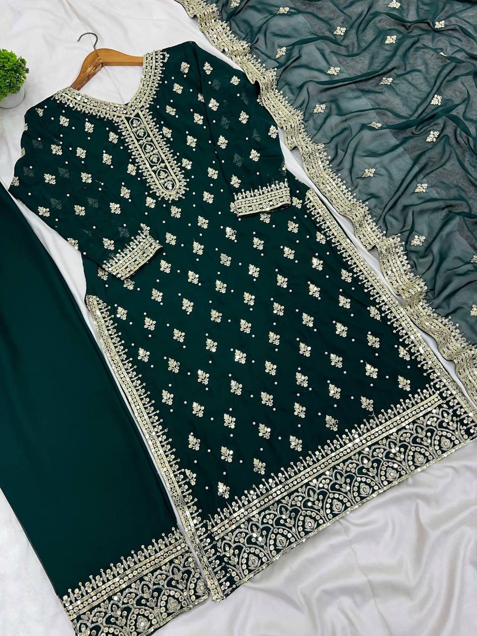 Marvelous Sequence Work Green Color Top Bottom With Dupatta