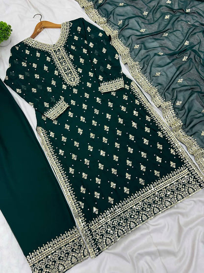 Marvelous Sequence Work Green Color Top Bottom With Dupatta