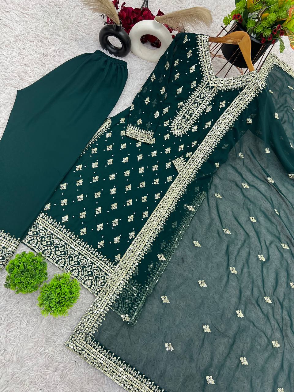 Marvelous Sequence Work Green Color Top Bottom With Dupatta