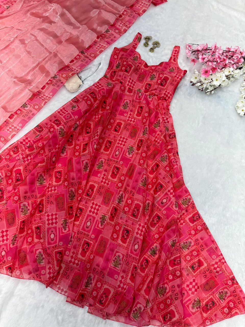 Outstanding organza Silk Red Color Anarkali Gown