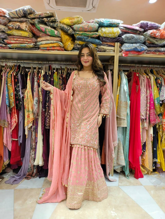 Elegant Georgette Sequence Work Peach Color Sharara Suit