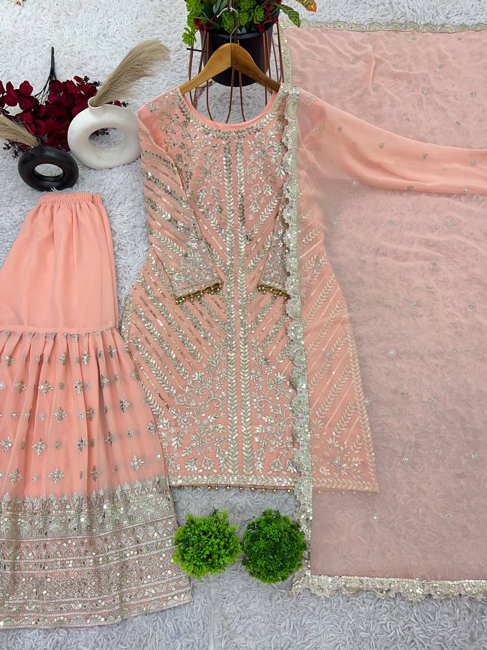 Elegant Georgette Sequence Work Peach Color Sharara Suit