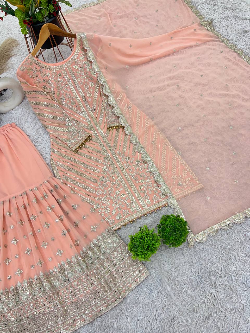Elegant Georgette Sequence Work Peach Color Sharara Suit