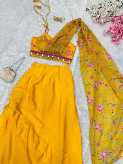 Flattering Chinnon Silk Yellow Color Skirt With Blouse