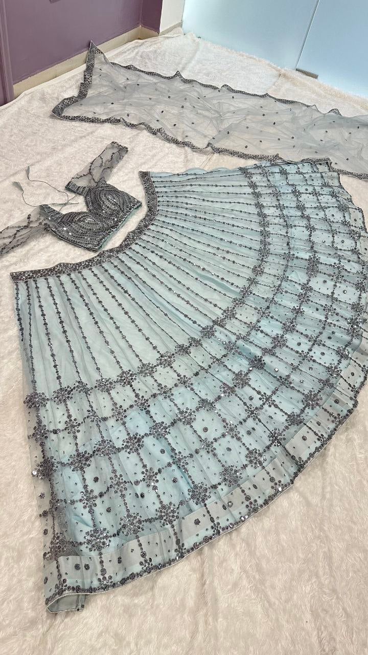 Glimmering Sequins Work Sky Blue Color Designer Lehenga Choli