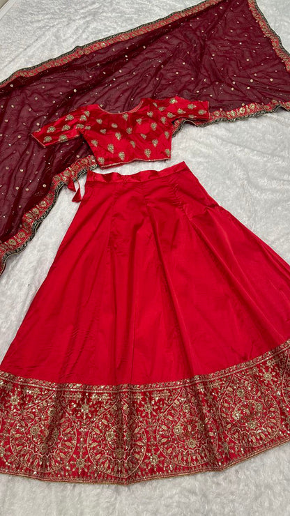 Mesmerizing Red Color Zari And Sequins Work Lehenga Choli