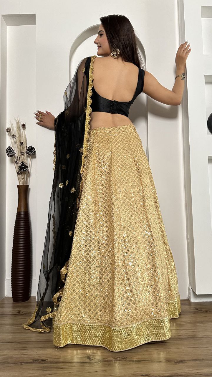 Wonderful Kasturi Silk Golden Color Lehenga With Black Color Blouse