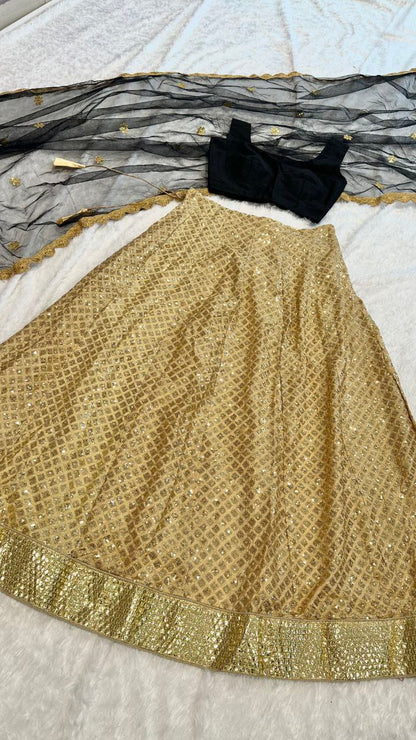 Wonderful Kasturi Silk Golden Color Lehenga With Black Color Blouse