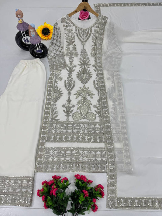 Mesmerizing Embroidery Work White Color Sharara Suit