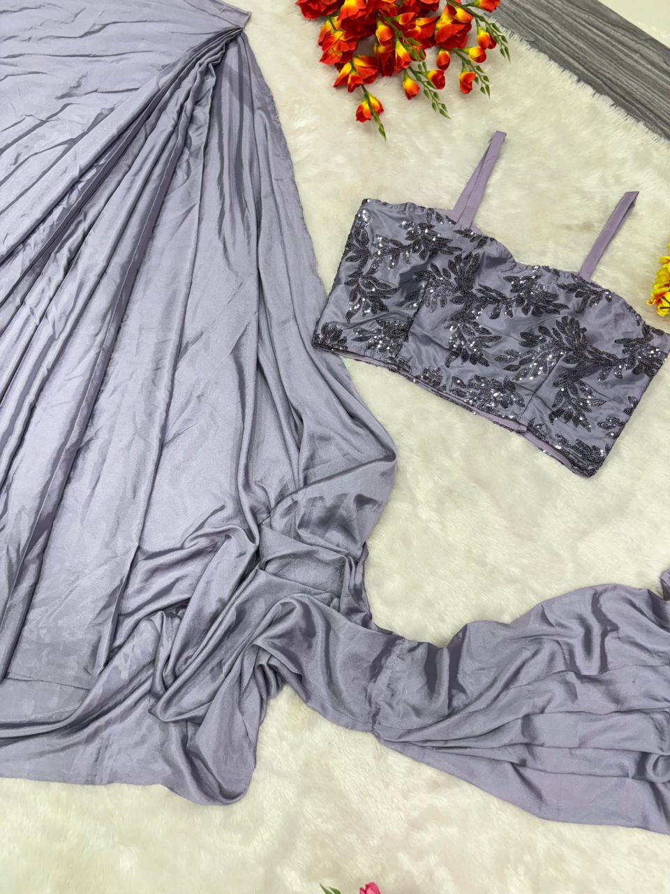 Preferable Embroidery Sequins Work Lavender Color Ready To Wear Saree