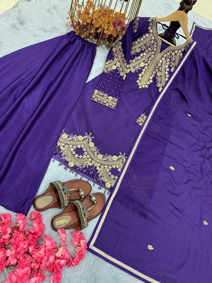 Preferable Sequence And Coding Dori Work Purple Color Sharara Suit