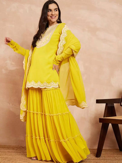 Presenting Georgette Sequins Work Yellow Color Sharara Suit
