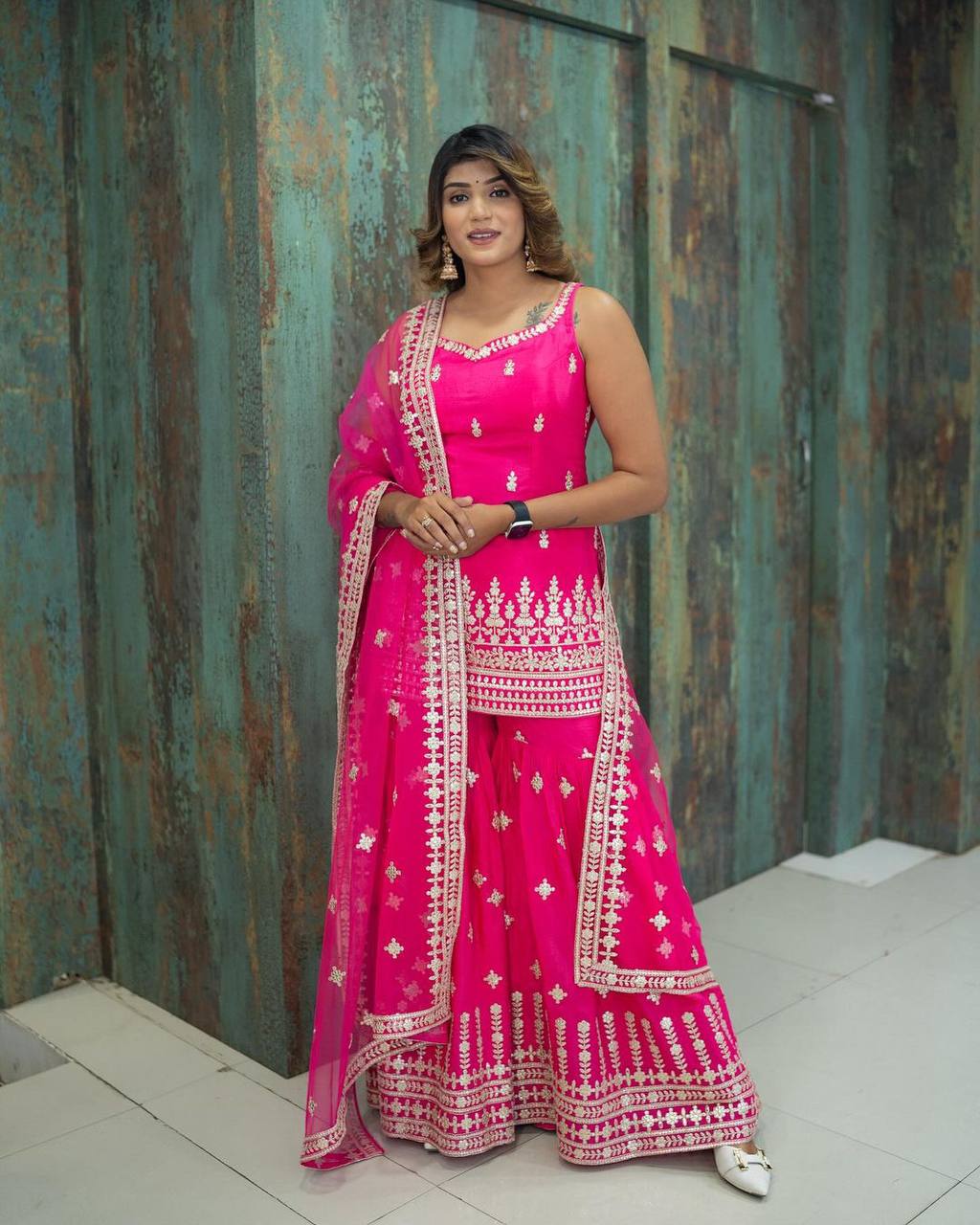 Stunning Pink Color Georgette Sequence Work Sharara Suit