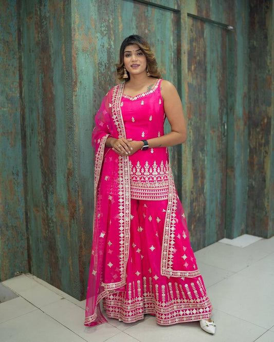 Stunning Pink Color Georgette Sequence Work Sharara Suit