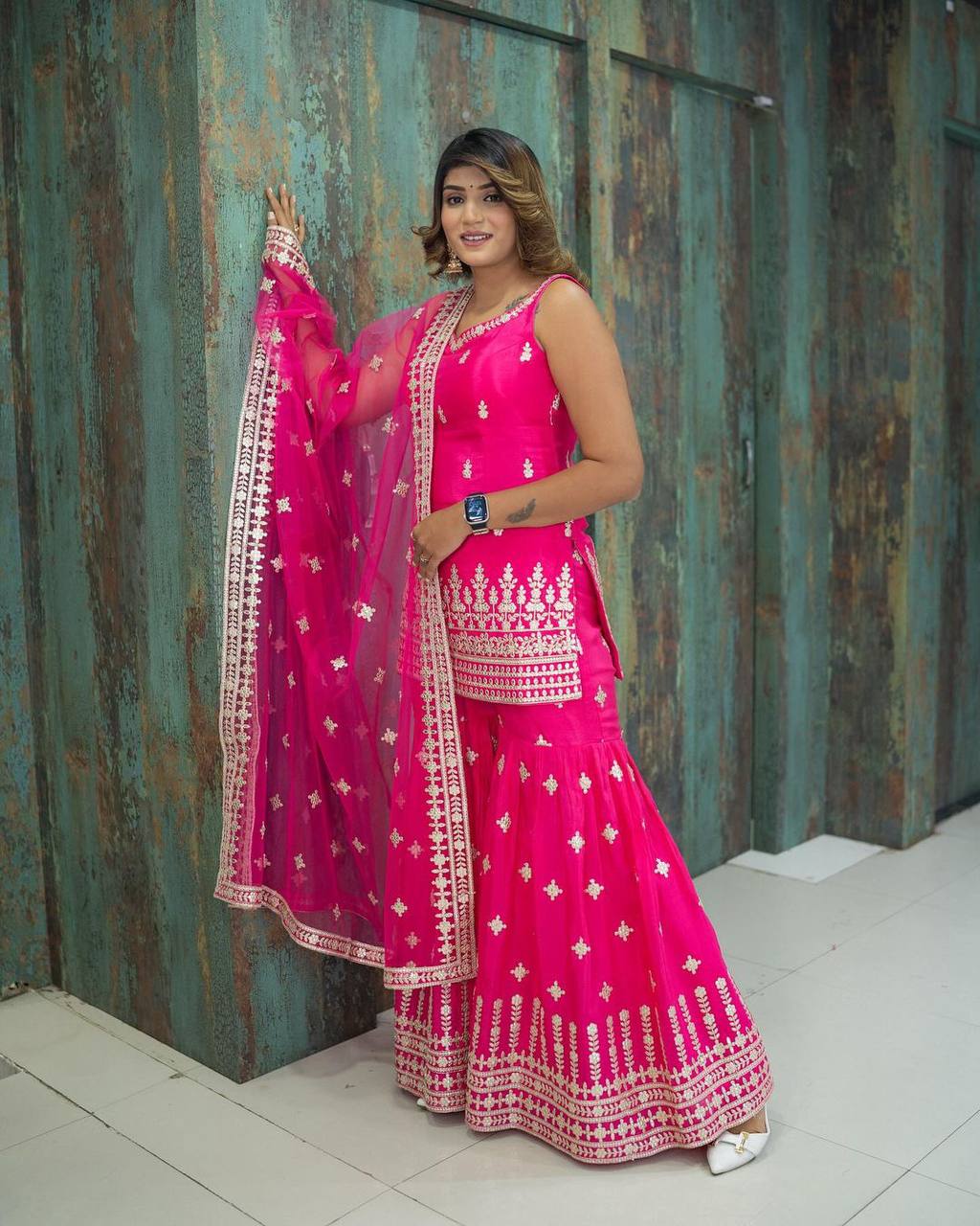 Stunning Pink Color Georgette Sequence Work Sharara Suit
