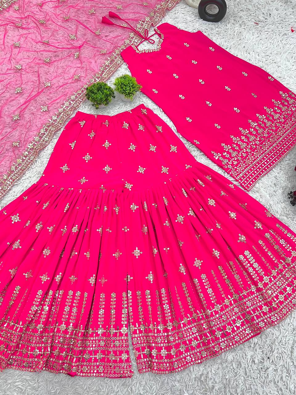 Stunning Pink Color Georgette Sequence Work Sharara Suit