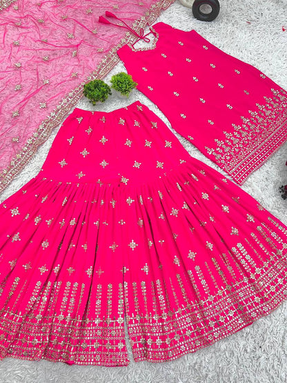 Stunning Pink Color Georgette Sequence Work Sharara Suit