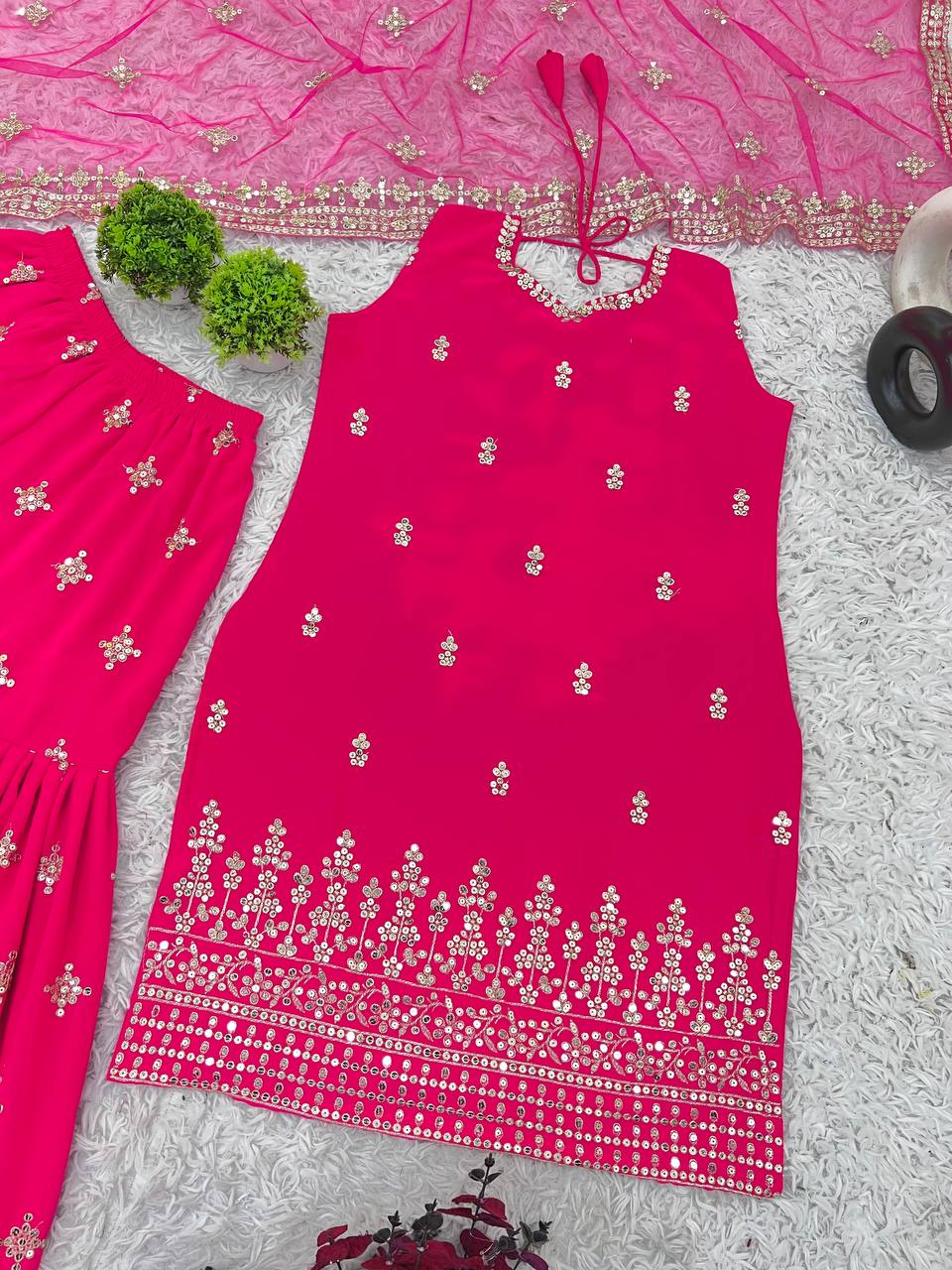 Stunning Pink Color Georgette Sequence Work Sharara Suit