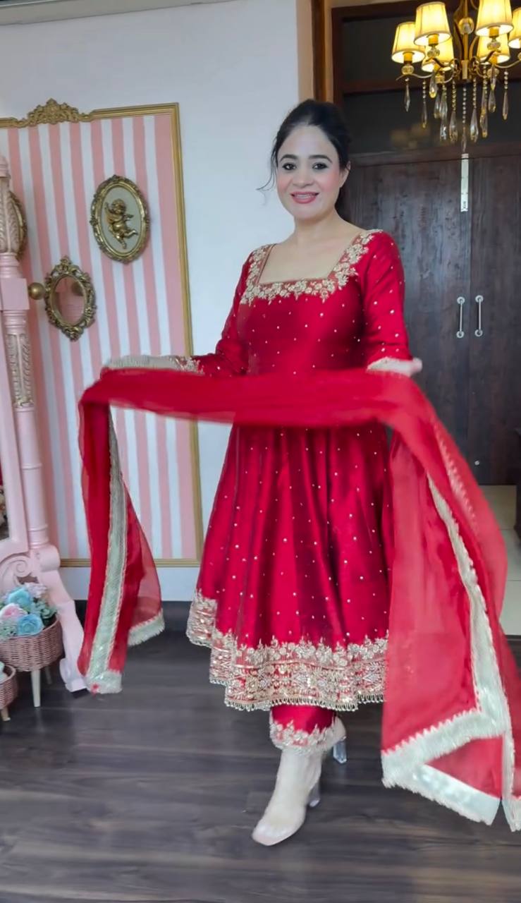 Glimmering Vichitra Silk Pink Color Anarkali Suit