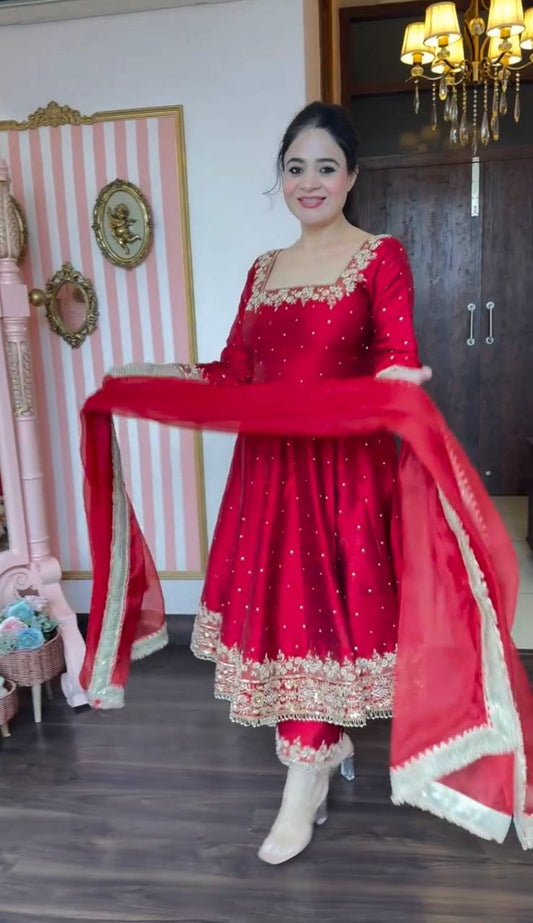 Glimmering Vichitra Silk Pink Color Anarkali Suit