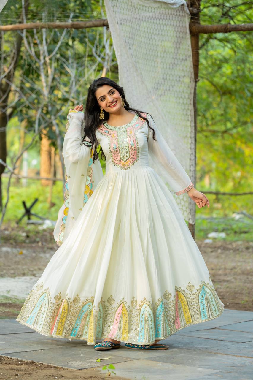 Classic Sequence Work Chinon Silk White Color Gown