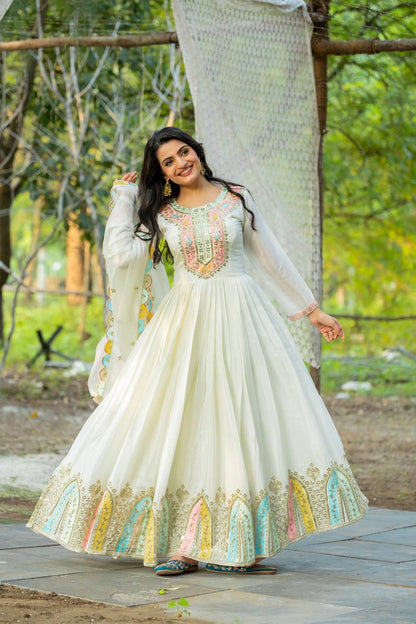 Classic Sequence Work Chinon Silk White Color Gown