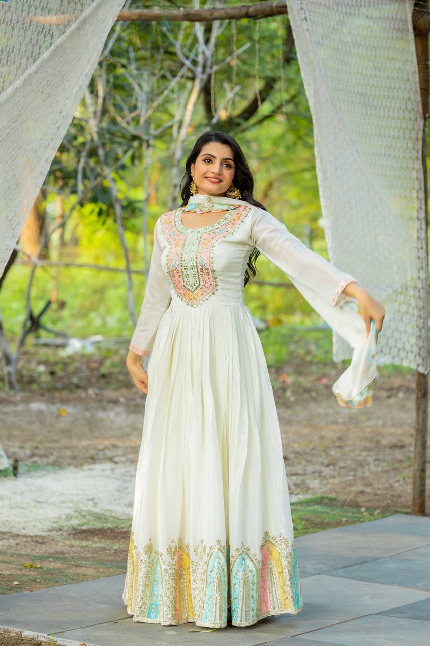 Classic Sequence Work Chinon Silk White Color Gown