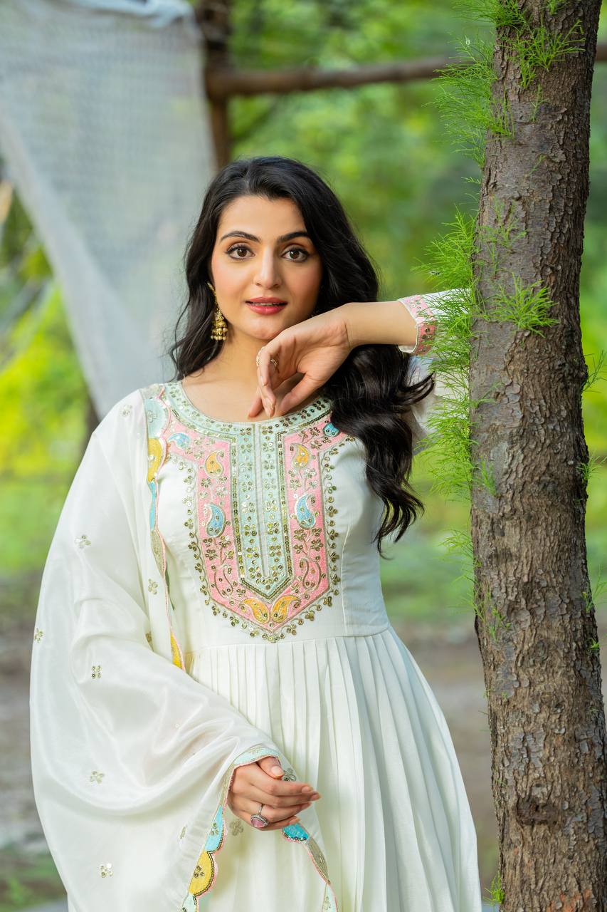 Classic Sequence Work Chinon Silk White Color Gown