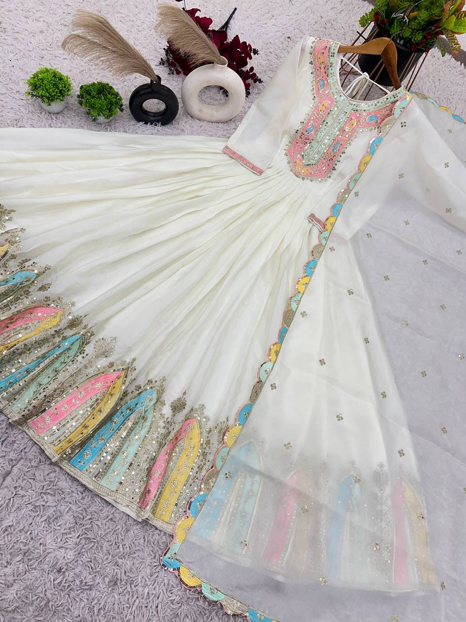 Classic Sequence Work Chinon Silk White Color Gown