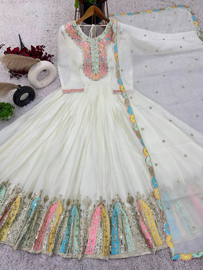 Classic Sequence Work Chinon Silk White Color Gown