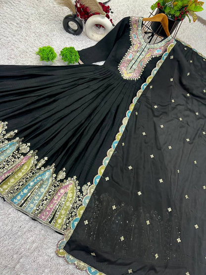 Classic Sequence Work Chinon Silk Black Color Gown