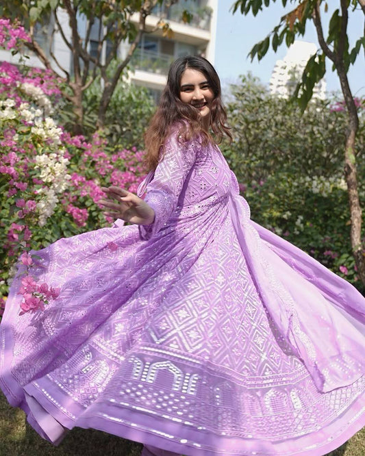 Graceful Thread Embroidered Work Purple Color Gown