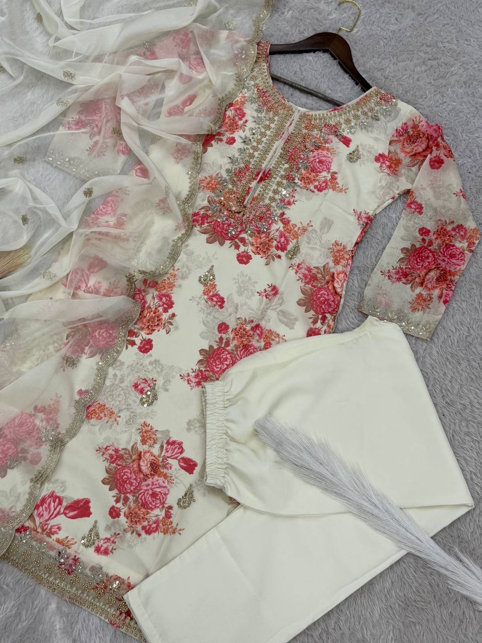 Flattering Sequence Heavy Stone Mirror Hand Work White Color Palazzo Suit
