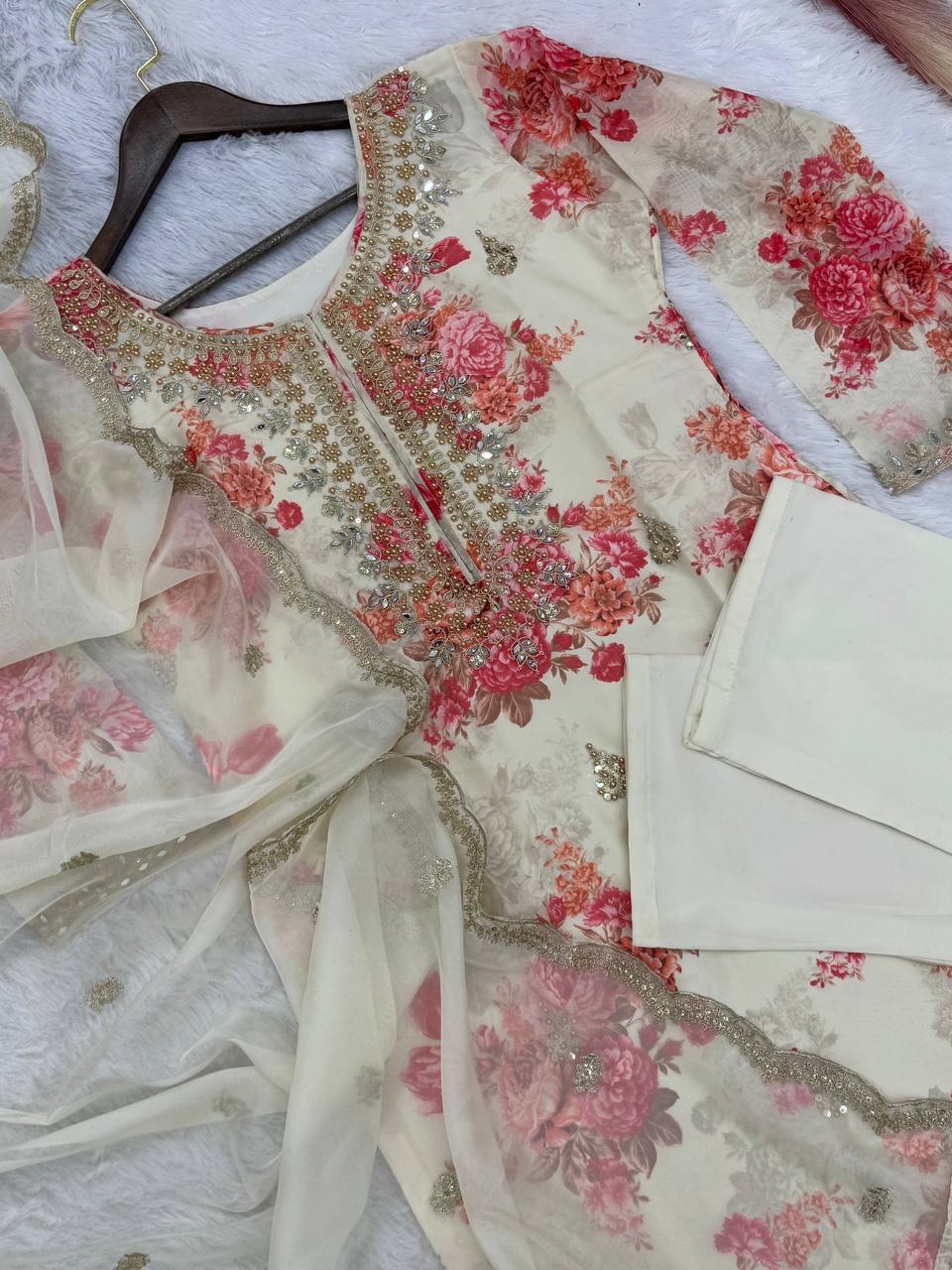Flattering Sequence Heavy Stone Mirror Hand Work White Color Palazzo Suit