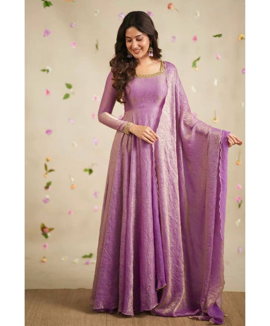 Delightful Embroidery Lavender Color Anarkali Gown with Dupatta